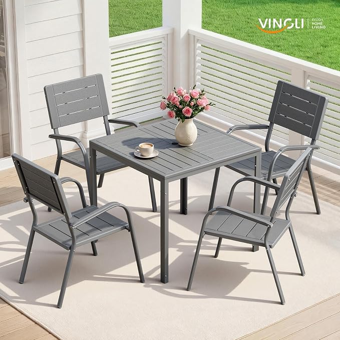 VINGLI Outdoor Patio Dining Set,5 Piece Square Table Patio Furniture Set,HDPE All-Weather Material Outdoor Dining Table and Chair for Garden, Backyard, Grey