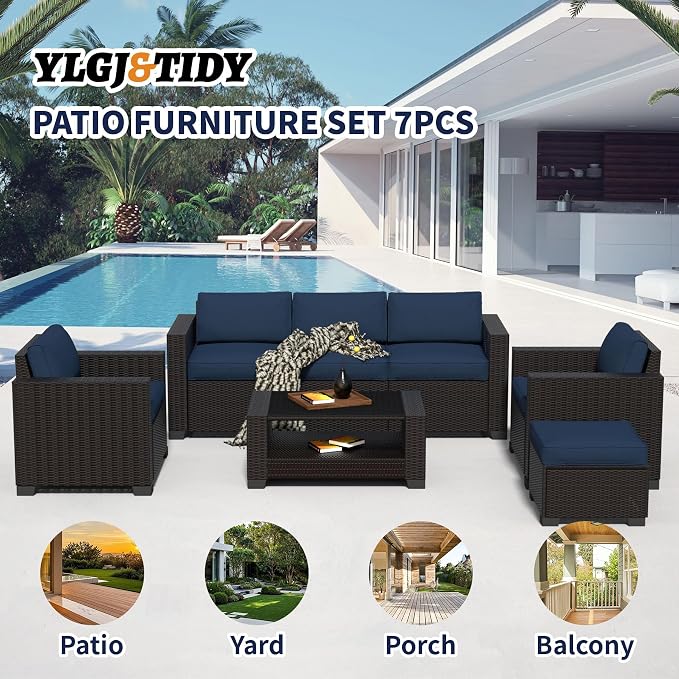 YLGJ&TIDY 7 PCS Outdoor Patio Wicker Furniture Set Sofa with Coffee Table | All Weather Rattan Woven Patio Conversation Set with Dark Blue Thicken Cushion and Tempered Glass Table for Garden Backyard