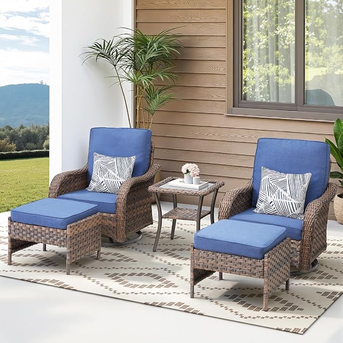 5 PCS Patio Furniture Set, 2 Swivel Rocking Chairs with 2 Ottomans & Side Table, 4-Inch Thick Olefin Cushions, 300 lbs Capacity Wicker Swivel Rocker Chairs for Porch, Balcony, Backyard, Blue