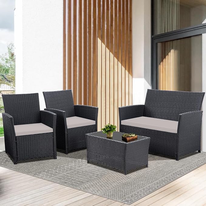 FHFO 4 Piece Outdoor Wicker Patio Furniture Set, Black/Light Grey | Sectional Sofa | All-Weather Hand-Woven Rattan | Tempered Glass Coffee Table | Durable Fabric | Indoor & Outdoor Use