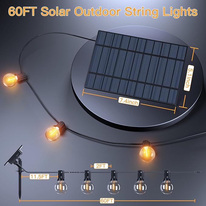 Ollny 2 Pack 60FT Solar Lights Outdoor, Waterproof Remote Control Dimmable Timers 3Modes String Light with 25 LED + 2 Spare Shatterproof Bulb, G40 Patio Lights for Outside Garden Yard Fence Porch