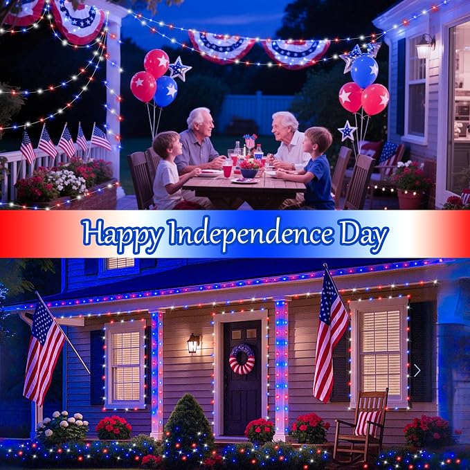 btfarm 4 Pack Red White and Blue Solar Fairy Lights, 4th of July Solar String Lights Outdoor Waterproof, 320LED 132FT Memorial Independence Day Patriotic Decorations for Outside Tree Garden Patio Yard