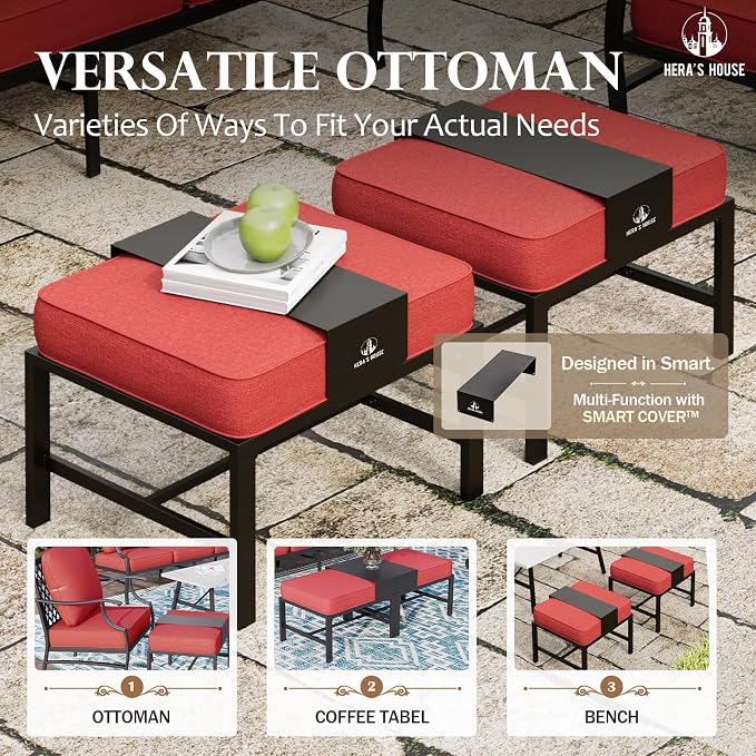 HERA'S HOUSE 7 Piece Patio Furniture Set, 2 x Swivel Chair, 2 x Leg Chair, 2 x Ottoman, 1 x 3-Seat Sofa, All Cushioned 9 Seats Metal Outdoor Conversation Set for Lawn Garden Backyard