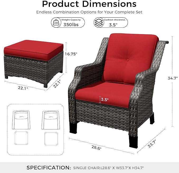 Outdoor Patio Furniture Set, 4 Piece Wicker Patio Furniture with Thick Cushions, Curved Armrest, Deep Seating, Rattan Outdoor Chairs for Porch, Deck, Balcony