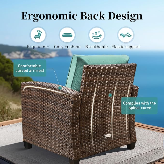 SUNSHINE VALLEY Patio Furniture Set Outdoor Furniture Brown Wicker Rattan Patio Conversation Sets with Cushion Outside Sofa Set,6 Pieces 9 Seats,Blue