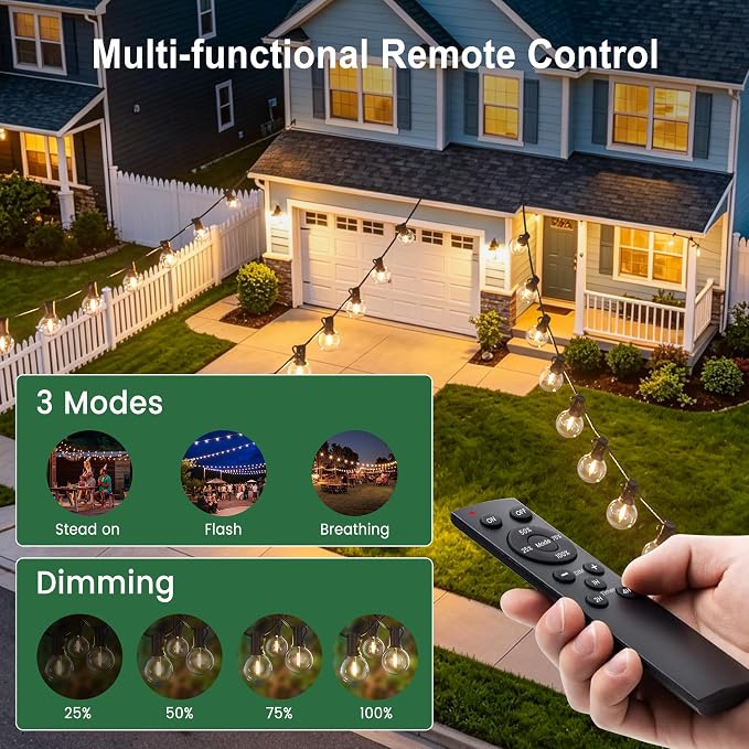 Outdoor String Lights with Remote 75FT Waterproof Outside Lighting for Yard | 1FT Bulbs Apart,75 Feet Dimmable Connectable Patio Lights with Remote,Timer, 3 Modes for Backyard, Bistro,Garden,Balcony,Deck