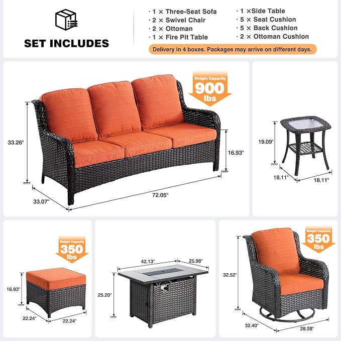 ovios 7-Pieces Patio Furniture Set with 42" Fire Pit Table Swivel Chairs, Outdoor Wicker Sofa Couch Gliders Rocker, High Back Modern Conversation Set, Brown Rattan, Orange Red