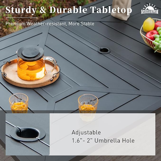 SUNSHINE VALLEY 64" x 39" x28.5" Patio Dining Table ，Rectangular Steel Outdoor Dining Table for Garden Backyard Lawn Yard Furniture, Steel Frame with 1.57" Umbrella Hole
