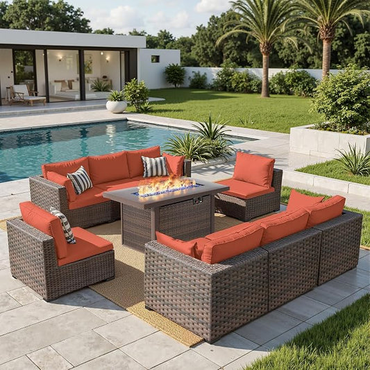 Grezone 9 Piece Patio Furniture Set with 44" Fire Pit Table, Outdoor Sectional Couch, PE Rattan Patio Conversation Sets with 4inch Cushions for Backyard Red