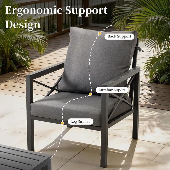 4-Piece Patio Furniture Set – All-Metal Outdoor Sectional Couch with X-Shaped Armrests, 4" Cushions & Coffee Table, Modern Patio Conversation Set for Porch, Balcony, or Deck (Grey)