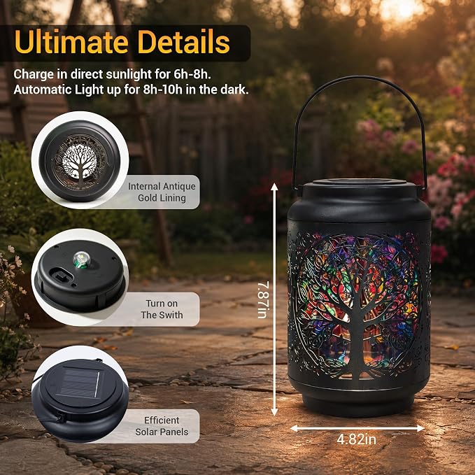 Tree of Life Solar Lantern Outdoor, Decorative Metal Solar Hanging Light with Colorful Light Pattern, Waterproof Garden Lantern for Patio, Yard, Porch, Balcony, Gifts for Women Mom Grandma