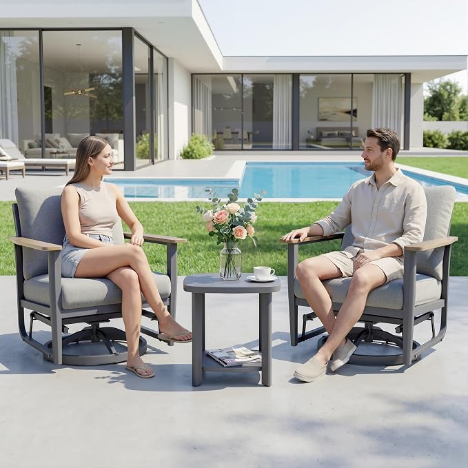 Aluminum Swivel Rocking Chairs, 3-Piece Outdoor Patio Furniture Set with Side Table, Rust-Proof Metal Gliders with Wood-Like Armrests & 5.1" Thick Cushions for Backyard, Porch, Gray