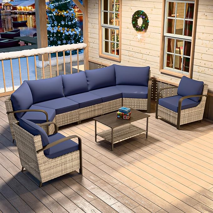 COOS BAY Aurora Terrace 6 Piece Outdoor Sectional Furniture Set, Half Moon Rattan Wicker Conversation Set with Patio Chairs, 5 Seat Sofa & Coffee Table for Patio Garden Yard, Beige/Blue