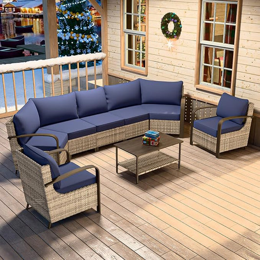 COOS BAY Aurora Terrace 6 Piece Outdoor Sectional Furniture Set, Half Moon Rattan Wicker Conversation Set with Patio Chairs, 5 Seat Sofa & Coffee Table for Patio Garden Yard, Beige/Blue