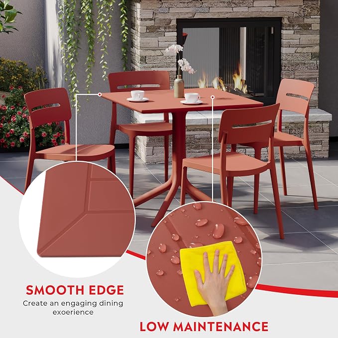 Costaelm Patio Dining Table for 4, Square PP Patio Table, 4-Person Weather Resistant Deck Table for Porch Poolside Lawn Garden Backyard, Red