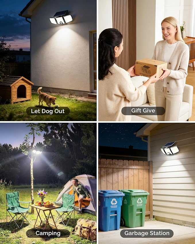 Brightown 4 Pack Solar Flood Outdoor Lights with Motion Sensor 3 Modes | 2500LM 223 LED Solar Outdoor Lights, 3 Head 270° Wide Angle Street Area IP65 Waterproof Security Wall Lights with Remote