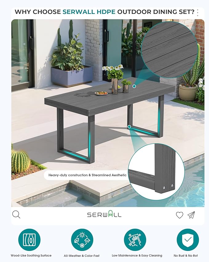 SERWALL HDPE Outdoor Dining Set for 4, 67'' Patio Table and Chairs Set | with Armchair Seat