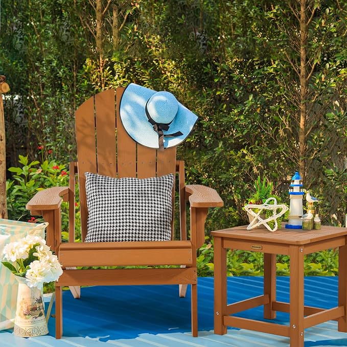 Outdoor Side Table Set of 2, HIPS Plastic Composite Adirondack Patio Table, Weather Resistant End Tables for Outside, Indoor, Patio, Garden, Pool, Porch, Backyard, Lawn, Deck - Teak