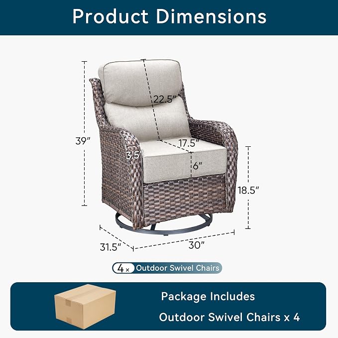 Luxury Outdoor Swivel Rocker Patio Chairs-4 Pieces High Back Swivel Rocker Patio Chairs with Thick Cushions All Weather Wicker Outdoor Furniture Set for Deck Porch Balcony(Brown/Beige)