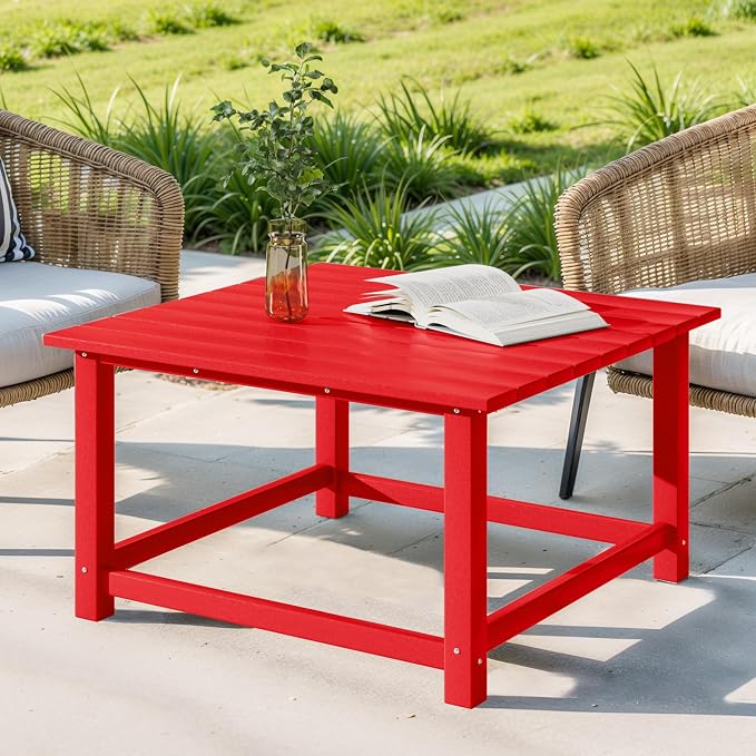 Costaelm Patio Conversation Table, Tatio Accent HDPE Outdoor Weather Resistant, Square Outdoor Porch Balcony Patio Drink Table for Outside, Pool, Backyard, Red