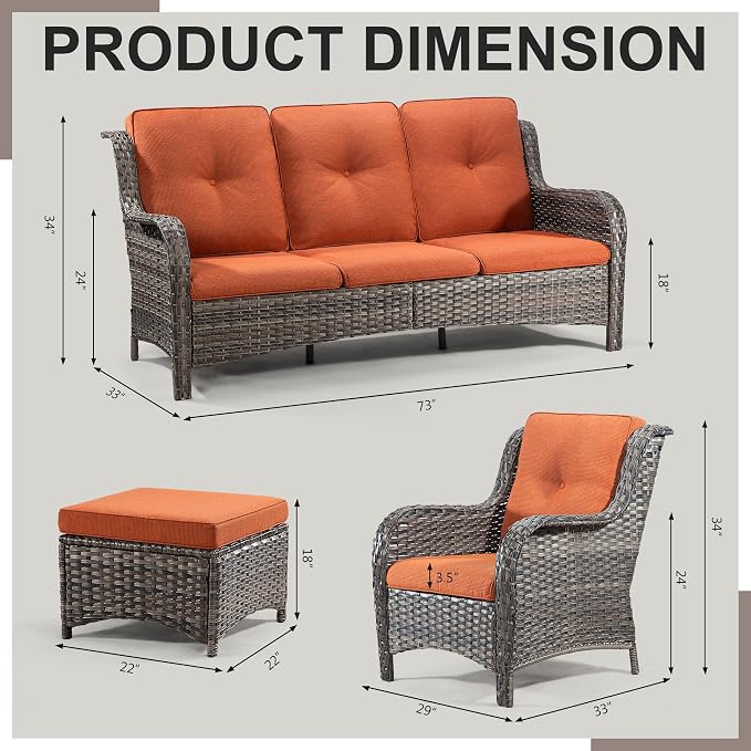 Outdoor Wicker Couch Set 6 Pieces - Outdoor Wicker Patio Furniture Set with 2 Armchairs, 2 Couch and 2 Ottomans, Olefin Cushions Included(Mixed Grey/Orange)