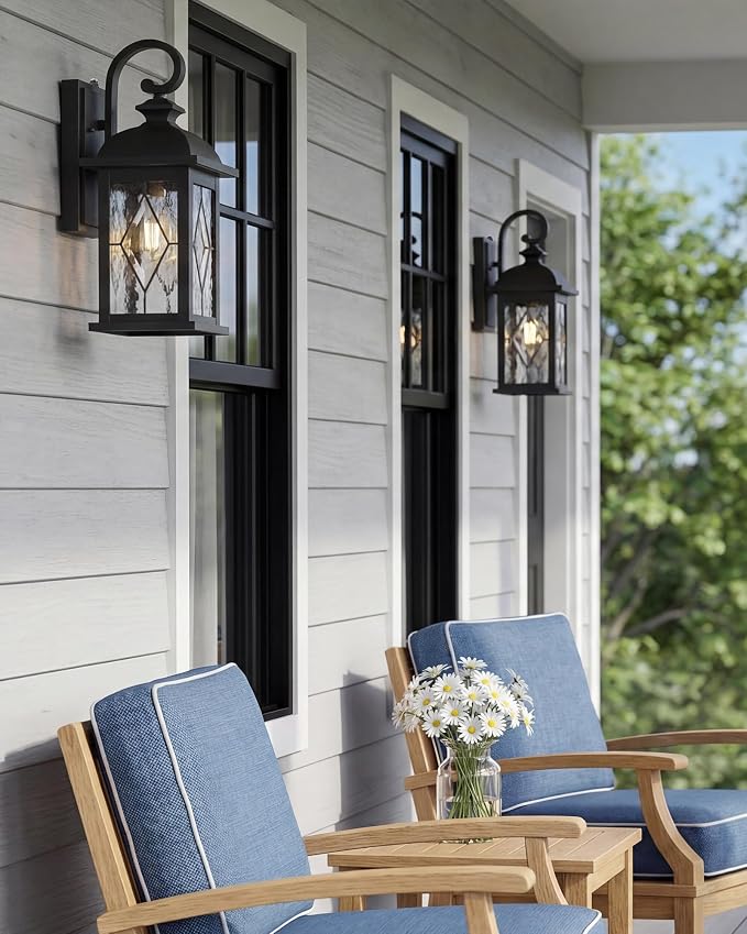 FEMILA Dusk to Dawn Outdoor Front Porch Light, 15" Exterior Waterproof Wall Light Fixtures, Matte Black Finish with Hammered Glass, E26 Socket, 4FD54B-PC BK-SD