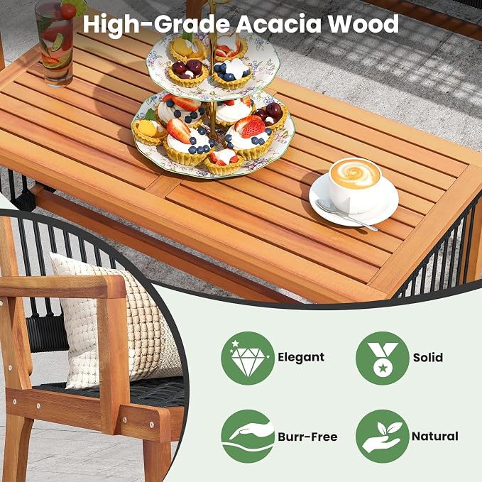 HAPPYGRILL 4 Pieces Patio Furniture Set Acacia Wood Conversation Set with Hand-Woven Rope Design, Ergonomic Loveseat & Single Chairs, Wooden Chair & Table Set for Porch Yard Poolside