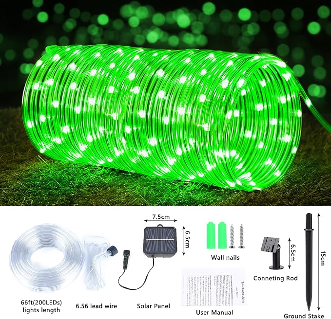 Jnaurb Solar Rope Lights, 66ft 200LED Solar String Lights, 8 Modes Waterproof Solar Outdoor Light, Flexible Clear Trampoline Light for Garden Backyard Patio Deck Porch Pool Tree Decor - Green