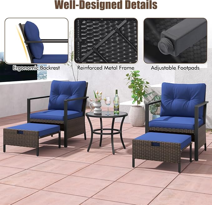 Tangkula 5 Piece Outdoor Furniture Set, Rattan Chairs & Ottomans w/Round Glass Topped Coffee Table, Space Saving Cushioned Patio Conversation Set for Backyard, Poolside (Navy)