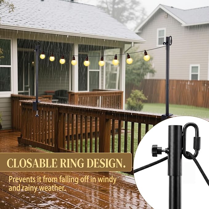 2 Pack Deck String Light Poles with Adjustable 3" Clamp, Outdoor Light Poles for String Lights Garden Backyard Deck Fence Railing Hanging Bird Feeders, Lanterns, Wind Chimes (28 Inch)