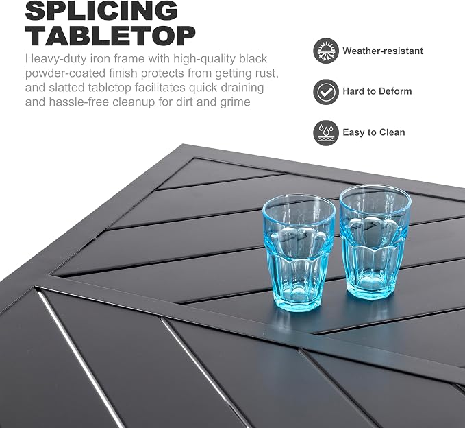 NUU GARDEN Outdoor Rectangle Dining Table, 61'' x 37'' Splice Tabletop with 1.77'' Umbrella Hole, Powder-Coated Iron Frames, for Outdoor or Indoor Space, Patio, Deck, Garden, Backyard, Kitchen, Black