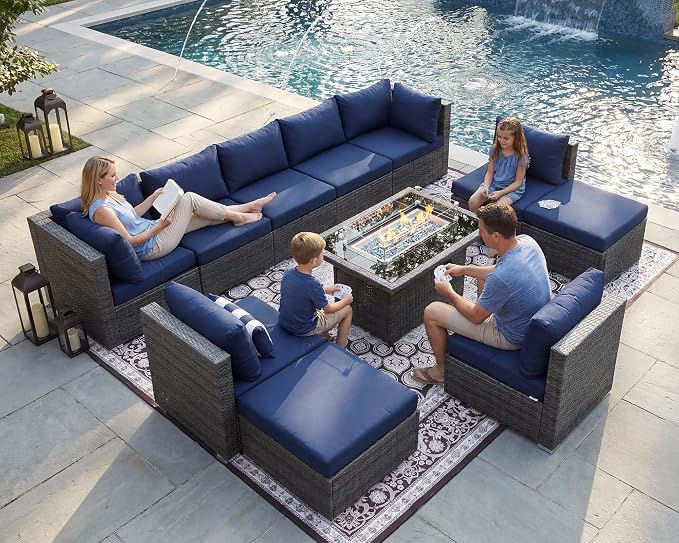 NICESOUL 11 Piece Outdoor Furniture Set with Firepit Table, Luxury 10-Person Patio Sectional Sets, 29.3'' High-Back Backyard Seating Area, All-Weather Rattan Couch Set for Outside, Deck, Grey&Blue