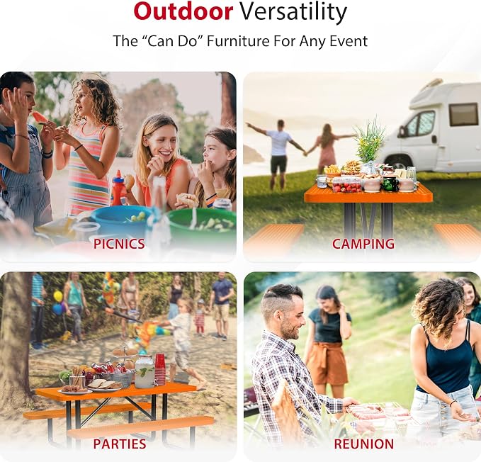 Leisure Craft Metal Picnic Table with Bench - 6 ft Rectangle Outdoor Dining Table for 6, Umbrella Hole, Weatherproof Heavy Duty Thermoplastic Coating, Commercial Grade Furniture Made in USA - Orange