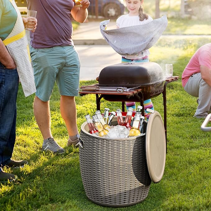Safstar Outdoor Cooler Table, 9.5 Gallon Ice Cool Table w/Top Lid, Side Handle, Drainage Plug, Weather-Resistant Wicker Rattan Round Ice Bucket for Cocktail Beer Wine in Patio Party Pool