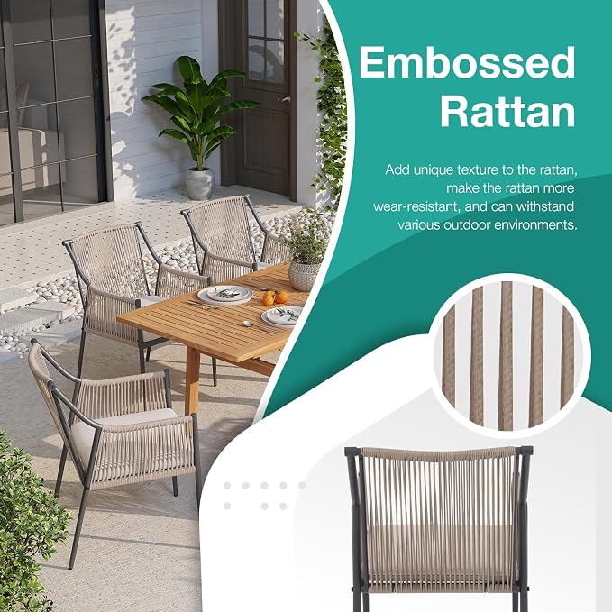 Patiorama 7-Piece Outdoor Dining Set, Patio Wicker Dining Table Chair Set with 55"-71" Acacia Wood Expandable Table & Embossed Rattan Wicker Rope Chairs, Dining Table Chair Set for Yard Garden, Beige