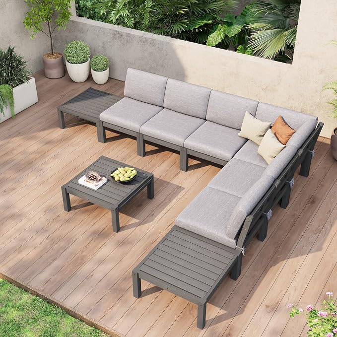Stoog 11-Piece Patio Furniture Set, All-Weather Outdoor Sectional Sofa Set - Modular & Waterproof HIPS Frame, Quick-Dry Olefin Cushions, Grey
