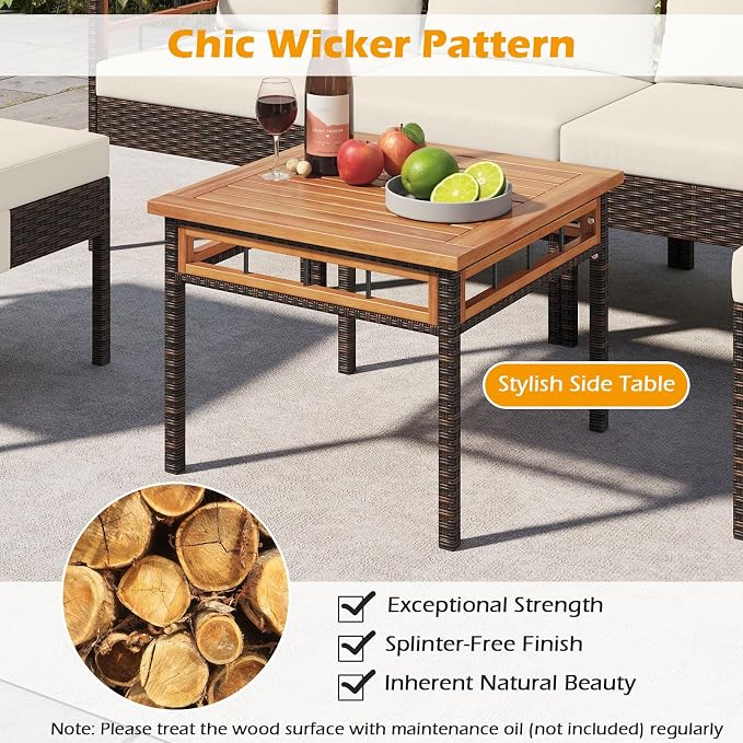 Tangkula 7 Pieces U Shaped Outdoor Wicker Furniture Set, Patio Cushioned Rattan Chairs with Ottomans & Side Table, for Backyard, Porch, Balcony