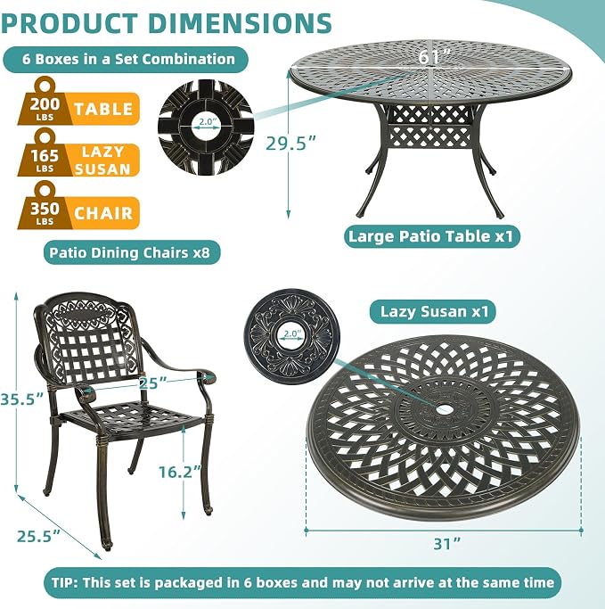 MEETWARM 9-Piece Outdoor Furniture Dining Set, All Weather Cast Aluminum Patio Garden Set with 8 Chairs, 61" Round Patio Dining Table with Detachable Lazy Susan, 2" Umbrella Hole,Dark Bronze