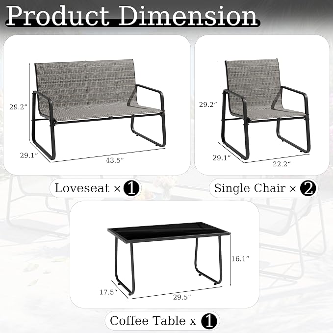 Kullavik 4-Piece Outdoor Patio Furniture Set,Textilene Patio Conversation Set with Loveseat,2 Single Chairs,Glass Coffee Table for Garden,Lawn,Balcony,Poolside,Brown