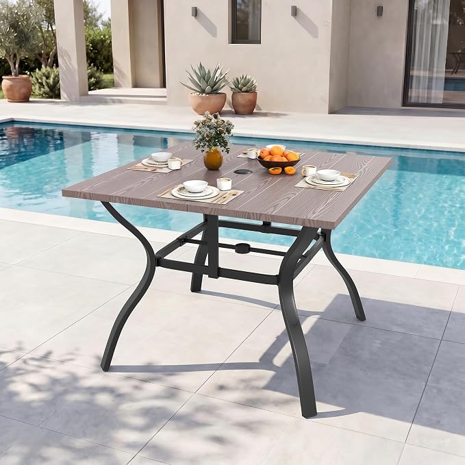 37.8'' Outdoor Dining Table for 4, Black Metal Patio Dining Table with 1.97'' Umbrella Hole,Anti-Rust Waterproof Square Table for Porch Deck Poolside Garden Backyard