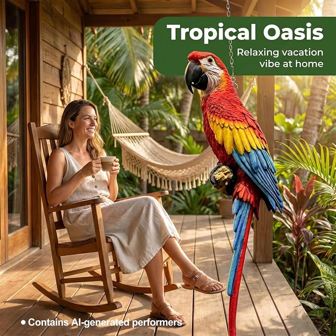 37.8" Hanging Scarlet Macaw Parrot Statue | Outdoor Resin Bird Decor, Weatherproof Solid Resin with Vibrant Hand-Painted Feathers