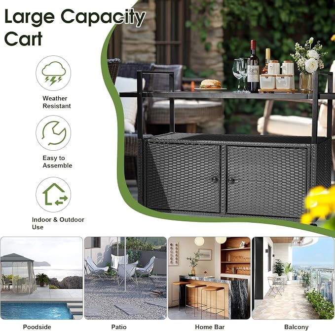Outvita Patio Bar Table, Weatherproof Buffet Cabinet Wicker Outdoor Storage Cart with 2 Doors & Shelves Glass Tabletop for Tableware Wine Bottle and Glass, Towels, and Potting Supplies