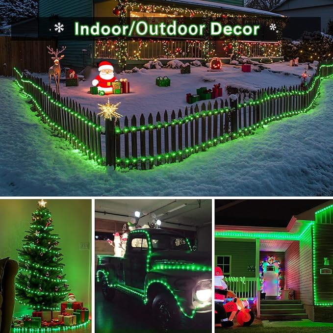 JMEXSUSS 66 ft 200 LED Green Halloween Solar Rope Lights with 8 Modes | Rope Lights Outdoor Waterproof, PVC Tube Green Christmas String Lights for Halloween Party Tree Fence Christmas