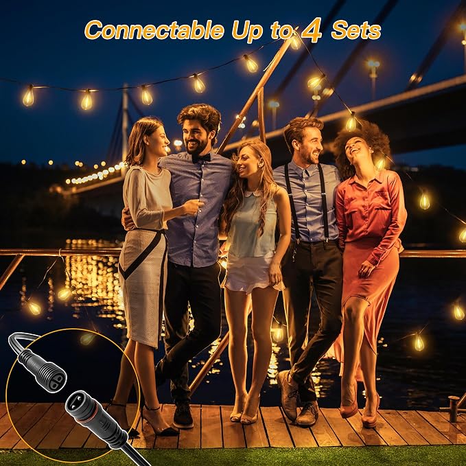 Ollny S11 50FT Outdoor String Lights with Remote, 3 Modes Dimmable Timers Waterproof Connectable Outside Lights, 24+2 LED Spare Bulbs Dusk to Dawn Hanging Light for Yard Balcony Camping Gazebo Garden