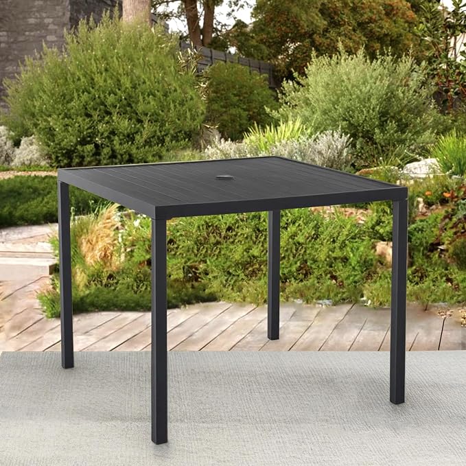 Square Outdoor Dining Table for 4, Metal Patio Dining Table with Umbrella Hole for Garden, Backyard and Deck, Black