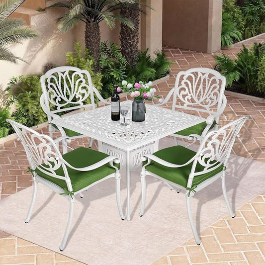 5-Piece Outdoor Patio Dining Set, All-Weather Cast Aluminum Patio Table Set, Include 4 Cushioned Chairs and a 35.4 inch Square Table w/Umbrella Hole for Balcony Garden Backyard, Green