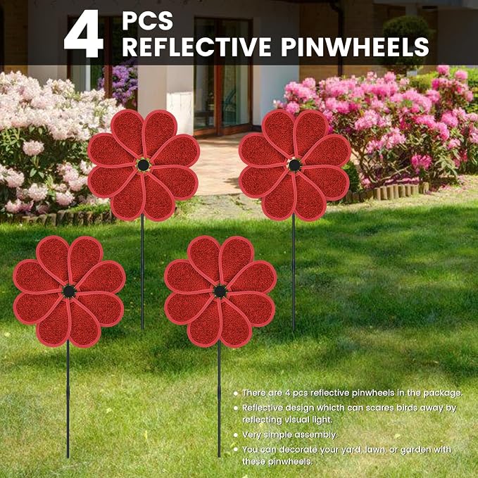 4PCS 11.4" W x 28" H Reflective Pinwheels Sparkly Lawn Wind Spinners Colorful Rainbow Windmill for Garden Decoration Bird Devices Deterrent to Scare Birds Away (Red)