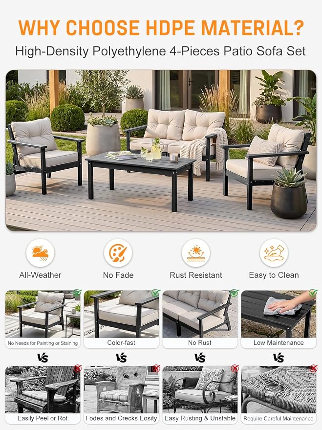 HDPE Patio Conversation Set 6 Seats, Outdoor Furniture Set, Patio Sofa Set | Water-Resistant Thick Cushion, HDPE All Weather, Wood-Grain, No Rot or Rust or Crack, UV Fade Shield, Easy-Clean for Outside
