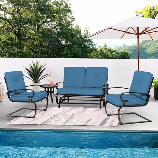 Incbruce Patio Conversation Sets - Outdoor Metal Furniture Set (Peacock Blue, Wrought Iron, 4Pcs Including Glider, Bistro Table, 2 Spring Lounge Chairs)