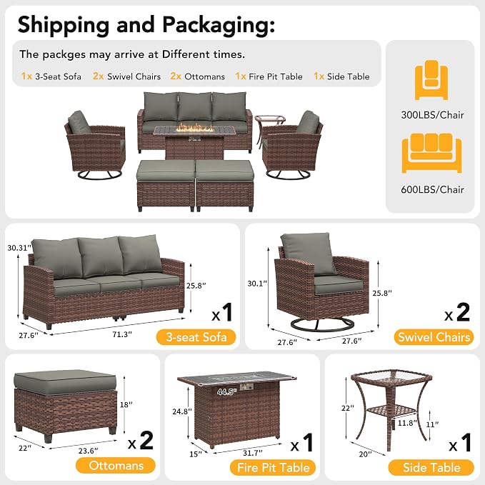 7 Pcs Outdoor Furniture with 44" Fire Pit Table, Rattan Patio Conversation Sets with Swivel Chair, Gas Fire Pit, Ottomans, Side Table, 4" Thick Cushion, for Backyard Garden Deck,Dark Grey